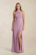 High Neck Chiffon Sheath Ruched Bridesmaid Dress in Wisteria - KissProm Bridesmaid Dresses