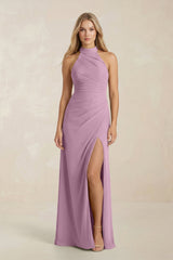 High Neck Chiffon Sheath Ruched Bridesmaid Dress in Wisteria - KissProm Bridesmaid Dresses