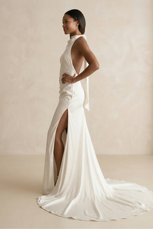 High - Neck Satin Mermaid Wedding Dress with Slit in Ivory - KissProm Wedding Dresses