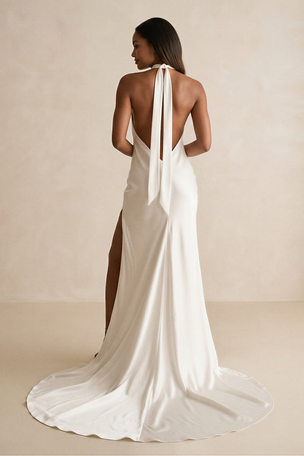 High - Neck Satin Mermaid Wedding Dress with Slit in Ivory - KissProm Wedding Dresses