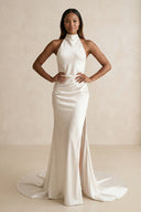 High - Neck Satin Mermaid Wedding Dress with Slit in Ivory - KissProm Wedding Dresses