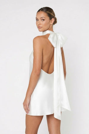 High Neck Satin Sheath Graduation Dress With Bow - KissProm