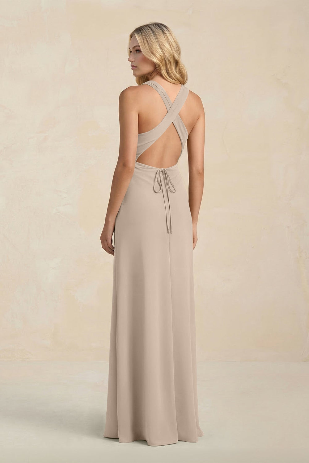 High Neck Sheath Chiffon Bridesmaid Dress With Slit in Almond - KissProm Bridesmaid Dresses