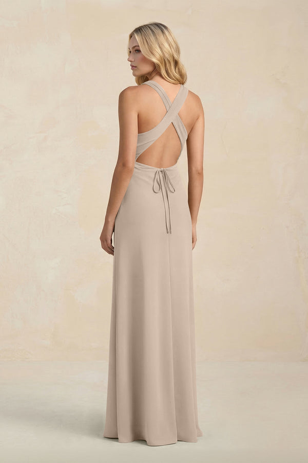 High Neck Sheath Chiffon Bridesmaid Dress With Slit in Almond - KissProm Bridesmaid Dresses
