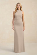 High Neck Sheath Chiffon Bridesmaid Dress With Slit in Almond - KissProm Bridesmaid Dresses