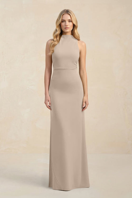 High Neck Sheath Chiffon Bridesmaid Dress With Slit in Almond - KissProm Bridesmaid Dresses