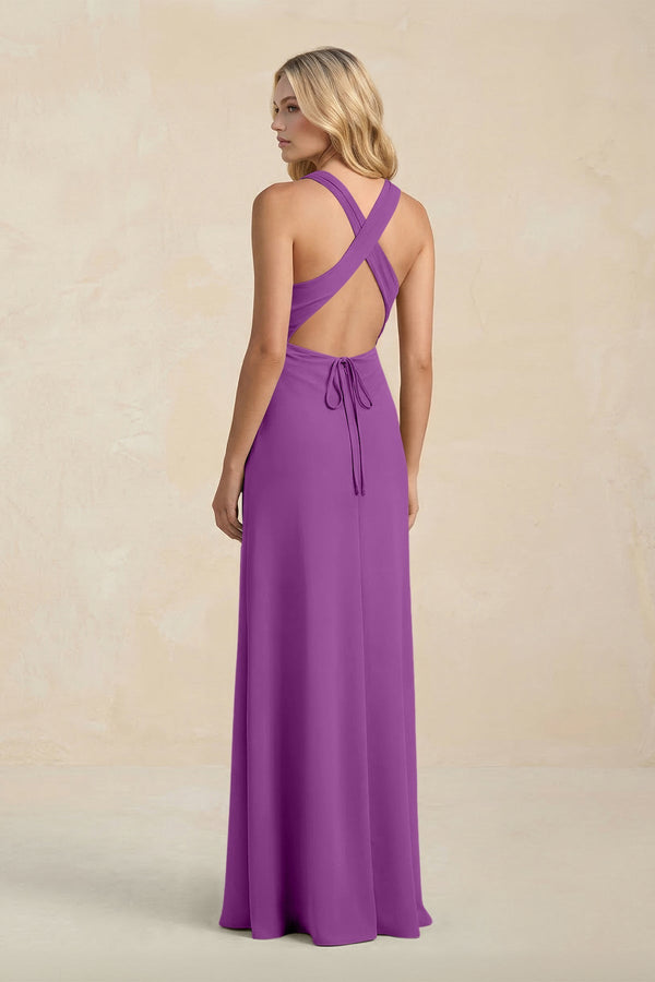 High Neck Sheath Chiffon Bridesmaid Dress With Slit in Amethyst - KissProm Bridesmaid Dresses