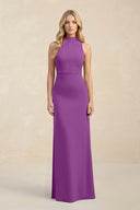 High Neck Sheath Chiffon Bridesmaid Dress With Slit in Amethyst - KissProm Bridesmaid Dresses