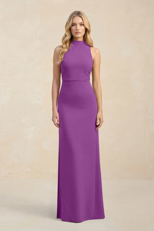 High Neck Sheath Chiffon Bridesmaid Dress With Slit in Amethyst - KissProm Bridesmaid Dresses