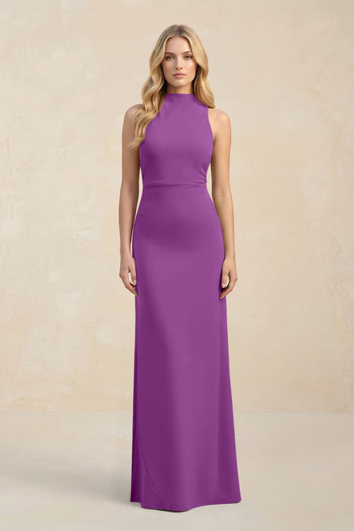 High Neck Sheath Chiffon Bridesmaid Dress With Slit in Amethyst - KissProm Bridesmaid Dresses