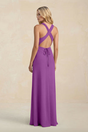 High Neck Sheath Chiffon Bridesmaid Dress With Slit in Amethyst - KissProm Bridesmaid Dresses