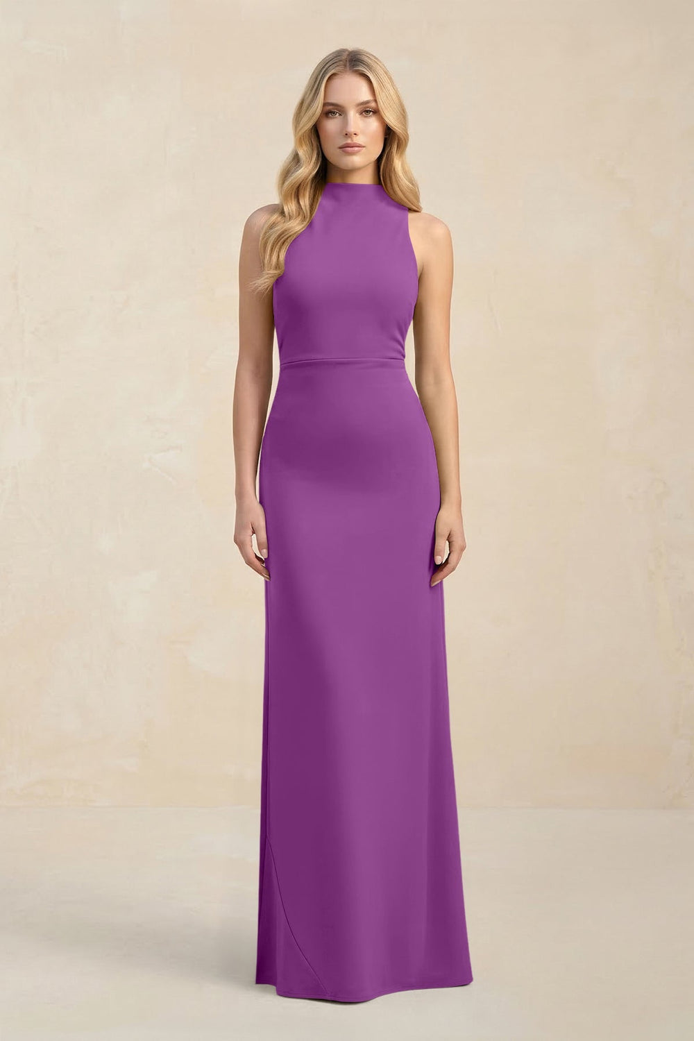 High Neck Sheath Chiffon Bridesmaid Dress With Slit in Amethyst - KissProm Bridesmaid Dresses