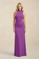 High Neck Sheath Chiffon Bridesmaid Dress With Slit in Amethyst - KissProm Bridesmaid Dresses