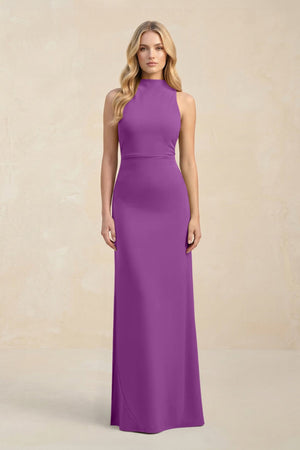 High Neck Sheath Chiffon Bridesmaid Dress With Slit in Amethyst - KissProm Bridesmaid Dresses