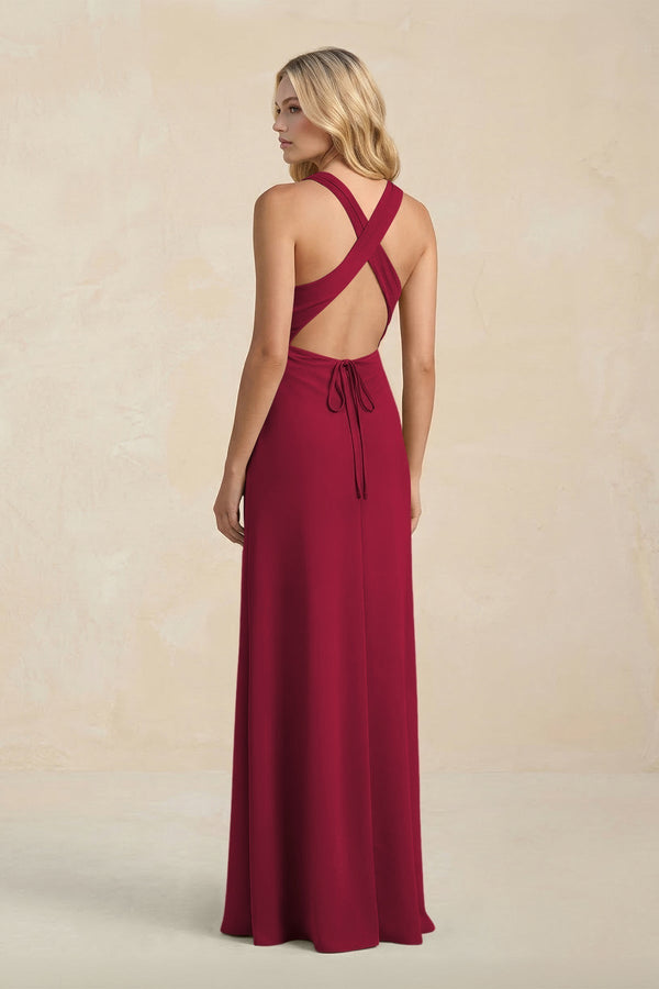 High Neck Sheath Chiffon Bridesmaid Dress With Slit in Berry - KissProm Bridesmaid Dresses