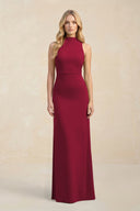 High Neck Sheath Chiffon Bridesmaid Dress With Slit in Berry - KissProm Bridesmaid Dresses