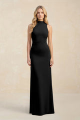 High Neck Sheath Chiffon Bridesmaid Dress With Slit in Black - KissProm Bridesmaid Dresses