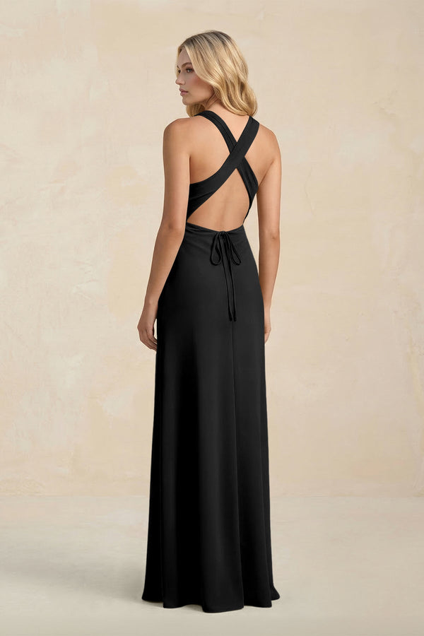 High Neck Sheath Chiffon Bridesmaid Dress With Slit in Black - KissProm Bridesmaid Dresses