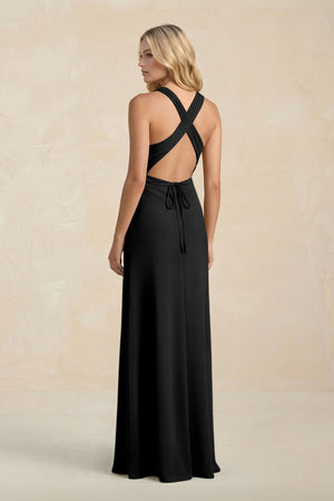 High Neck Sheath Chiffon Bridesmaid Dress With Slit in Black - KissProm Bridesmaid Dresses