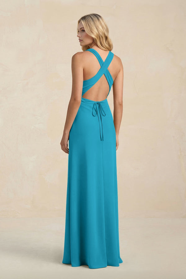 High Neck Sheath Chiffon Bridesmaid Dress With Slit in Blue Jay - KissProm Bridesmaid Dresses