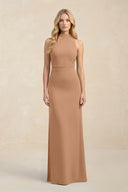 High Neck Sheath Chiffon Bridesmaid Dress With Slit in Bronzer - KissProm Bridesmaid Dresses