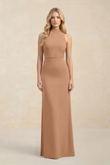 High Neck Sheath Chiffon Bridesmaid Dress With Slit in Bronzer - KissProm Bridesmaid Dresses