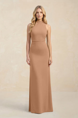 High Neck Sheath Chiffon Bridesmaid Dress With Slit in Bronzer - KissProm Bridesmaid Dresses