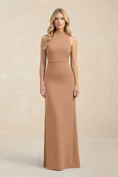 High Neck Sheath Chiffon Bridesmaid Dress With Slit in Bronzer - KissProm Bridesmaid Dresses