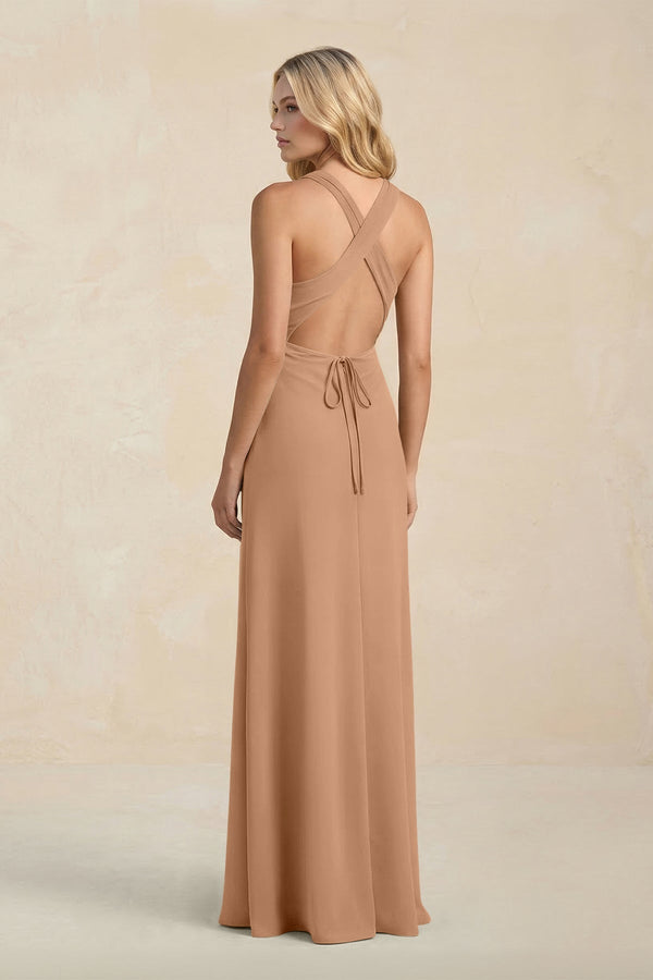 High Neck Sheath Chiffon Bridesmaid Dress With Slit in Bronzer - KissProm Bridesmaid Dresses