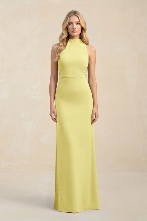High Neck Sheath Chiffon Bridesmaid Dress With Slit in Buttercup - KissProm Bridesmaid Dresses