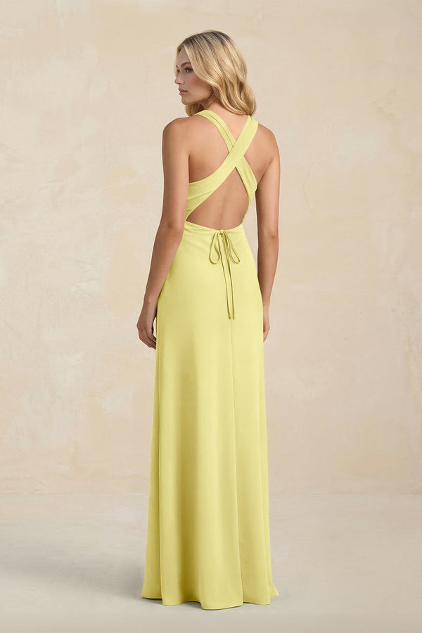 High Neck Sheath Chiffon Bridesmaid Dress With Slit in Buttercup - KissProm Bridesmaid Dresses