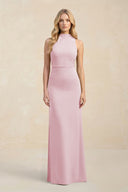 High Neck Sheath Chiffon Bridesmaid Dress With Slit in Candy Pink - KissProm Bridesmaid Dresses