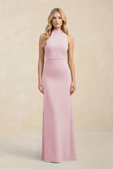 High Neck Sheath Chiffon Bridesmaid Dress With Slit in Candy Pink - KissProm Bridesmaid Dresses