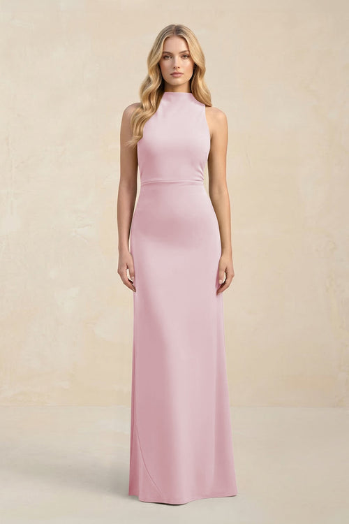High Neck Sheath Chiffon Bridesmaid Dress With Slit in Candy Pink - KissProm Bridesmaid Dresses