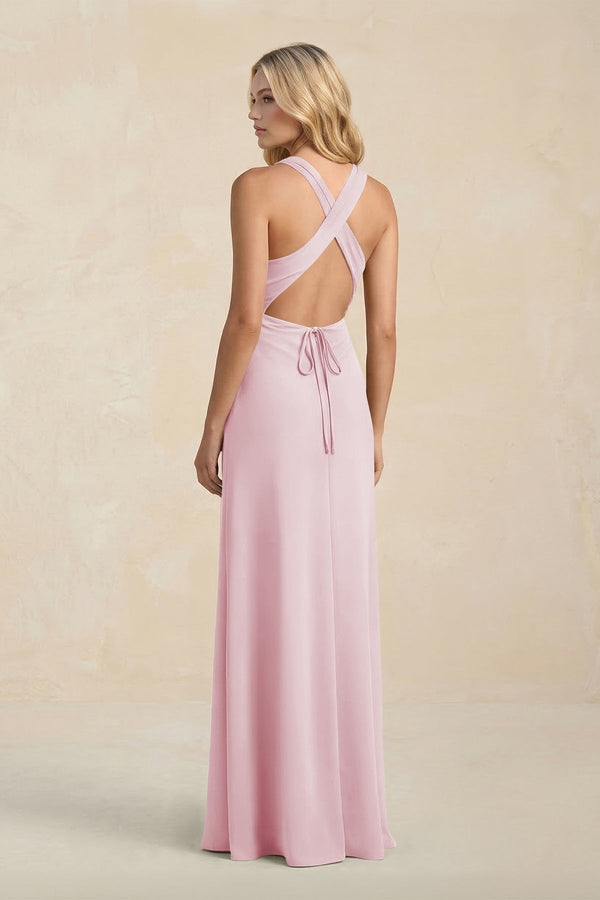 High Neck Sheath Chiffon Bridesmaid Dress With Slit in Candy Pink - KissProm Bridesmaid Dresses