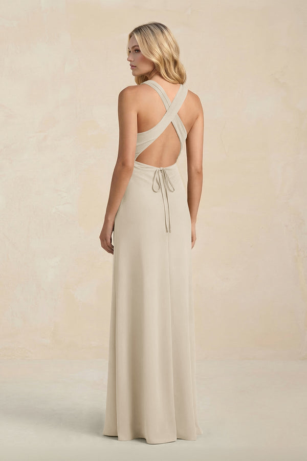 High Neck Sheath Chiffon Bridesmaid Dress With Slit in Champagne - KissProm Bridesmaid Dresses