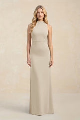 High Neck Sheath Chiffon Bridesmaid Dress With Slit in Champagne - KissProm Bridesmaid Dresses