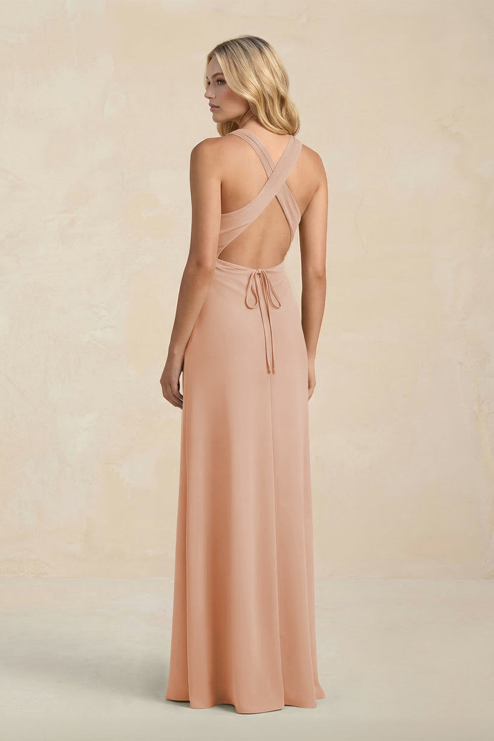 High Neck Sheath Chiffon Bridesmaid Dress With Slit in Champagne Rose - KissProm Bridesmaid Dresses