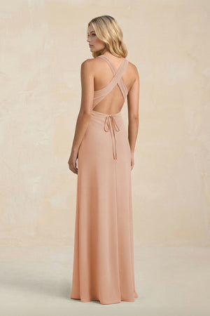 High Neck Sheath Chiffon Bridesmaid Dress With Slit in Champagne Rose - KissProm Bridesmaid Dresses