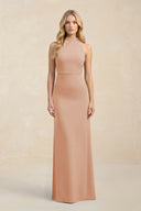 High Neck Sheath Chiffon Bridesmaid Dress With Slit in Champagne Rose - KissProm Bridesmaid Dresses