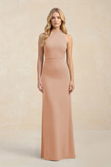 High Neck Sheath Chiffon Bridesmaid Dress With Slit in Champagne Rose - KissProm Bridesmaid Dresses