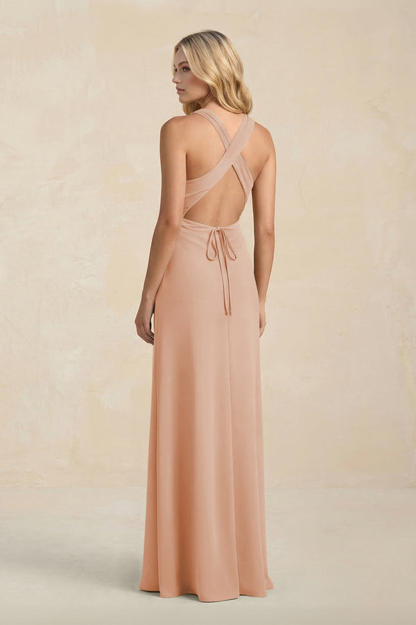 High Neck Sheath Chiffon Bridesmaid Dress With Slit in Champagne Rose - KissProm Bridesmaid Dresses