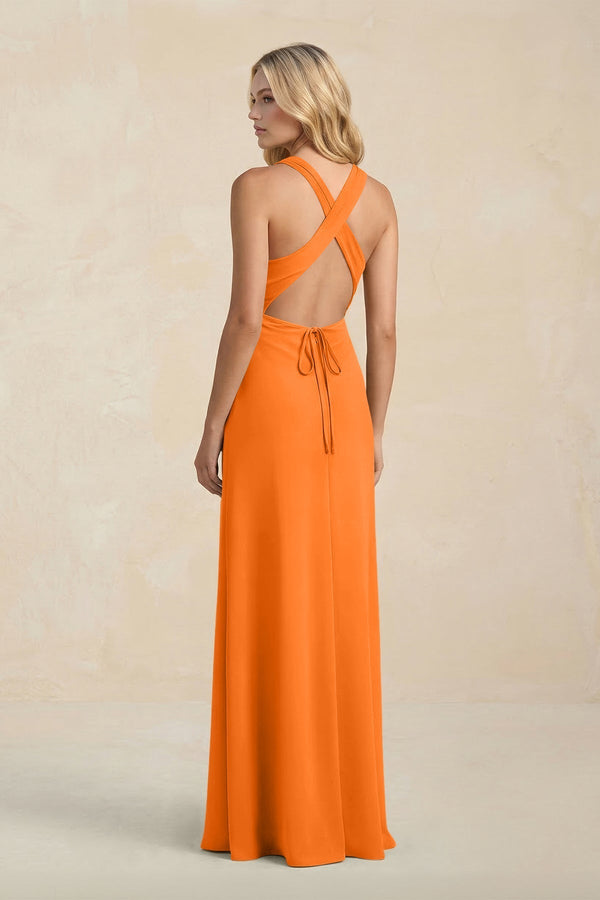 High Neck Sheath Chiffon Bridesmaid Dress With Slit in Cinnamon - KissProm Bridesmaid Dresses