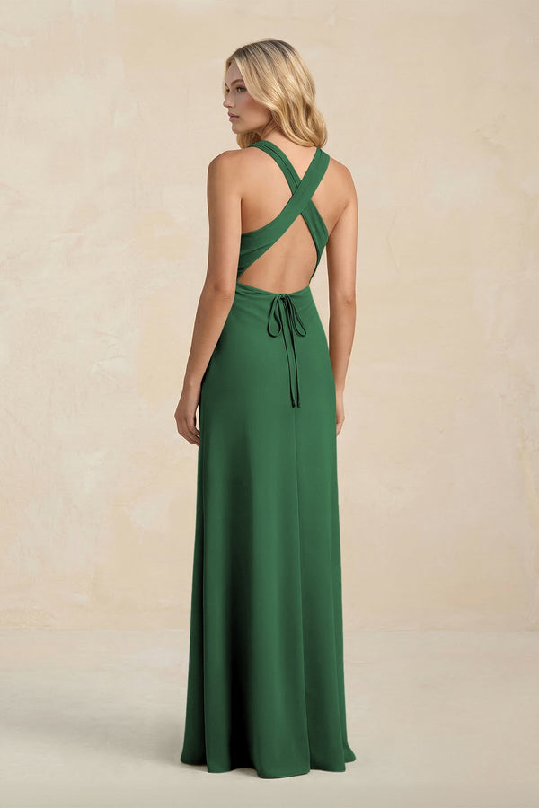 High Neck Sheath Chiffon Bridesmaid Dress With Slit in Dark Green - KissProm Bridesmaid Dresses