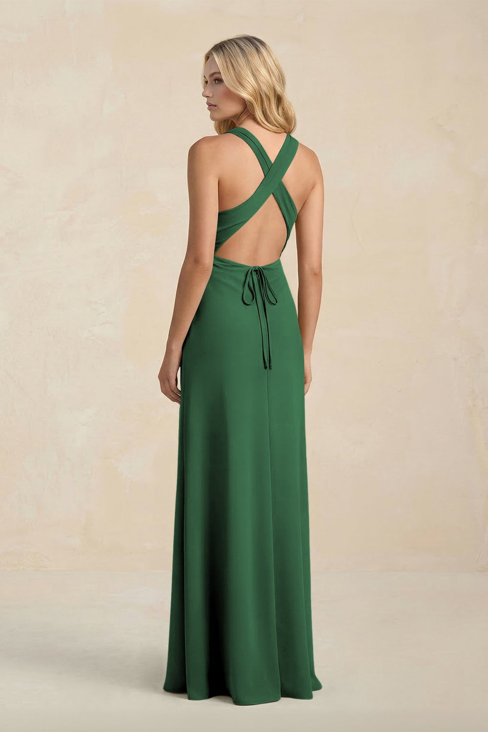 High Neck Sheath Chiffon Bridesmaid Dress With Slit in Dark Green - KissProm Bridesmaid Dresses