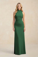 High Neck Sheath Chiffon Bridesmaid Dress With Slit in Dark Green - KissProm Bridesmaid Dresses
