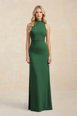 High Neck Sheath Chiffon Bridesmaid Dress With Slit in Dark Green - KissProm Bridesmaid Dresses