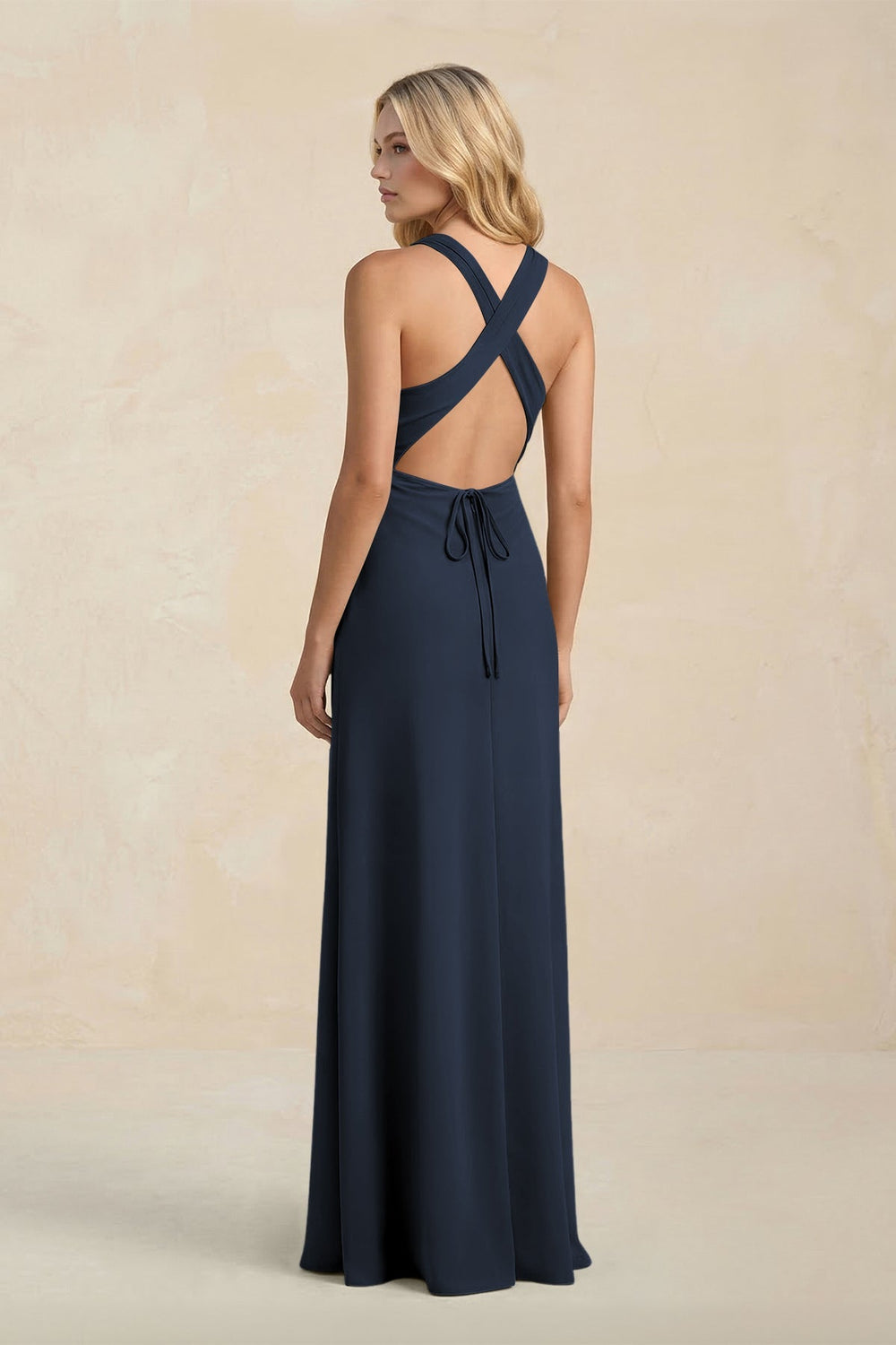 High Neck Sheath Chiffon Bridesmaid Dress With Slit in Dark Navy - KissProm Bridesmaid Dresses