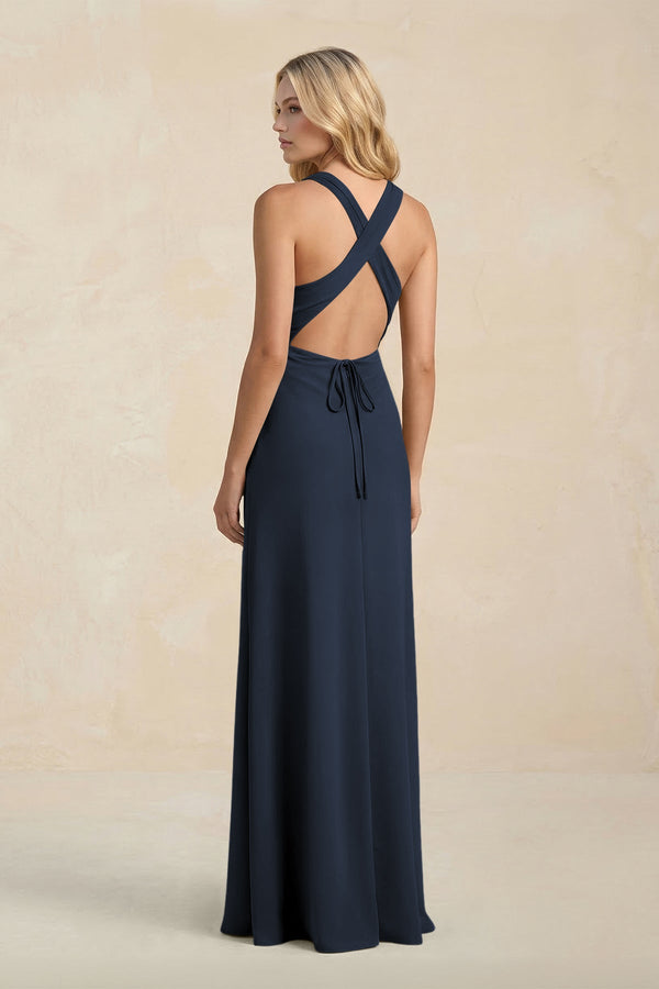 High Neck Sheath Chiffon Bridesmaid Dress With Slit in Dark Navy - KissProm Bridesmaid Dresses