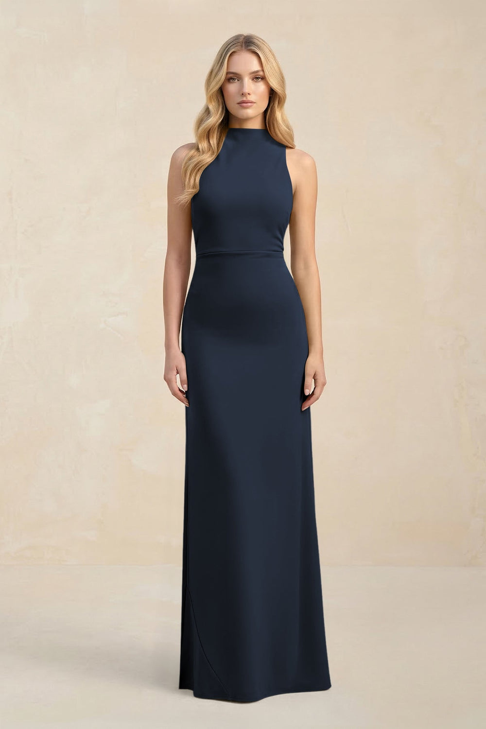 High Neck Sheath Chiffon Bridesmaid Dress With Slit in Dark Navy - KissProm Bridesmaid Dresses